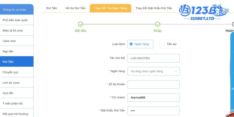 Hướng dẫn các bước rút tiền 123B
