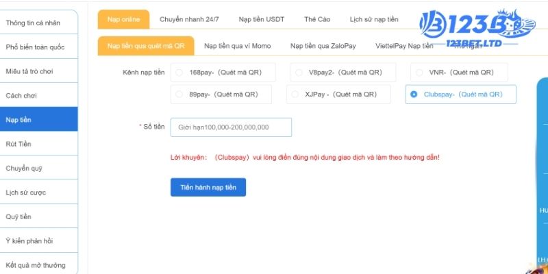 Nạp tiền 123B qua mã QR