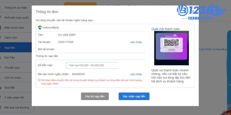 Nạp tiền 123B qua ngân hàng
